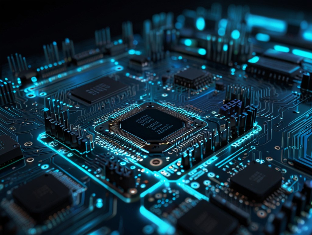 Placa eletrônica com trilhas iluminadas, referência visual de tecnologia embarcada.