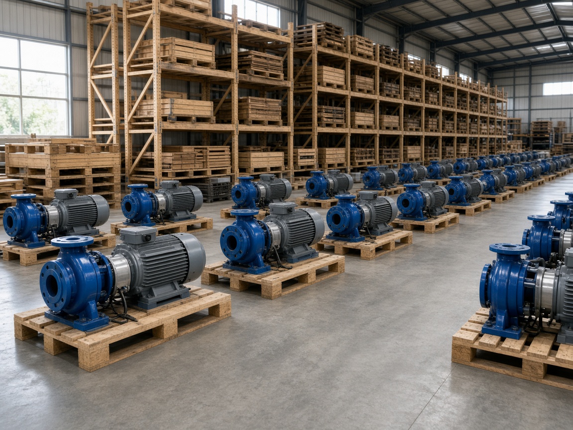 Linha de motobombas industriais organizadas em galpão, pronta para expedição.