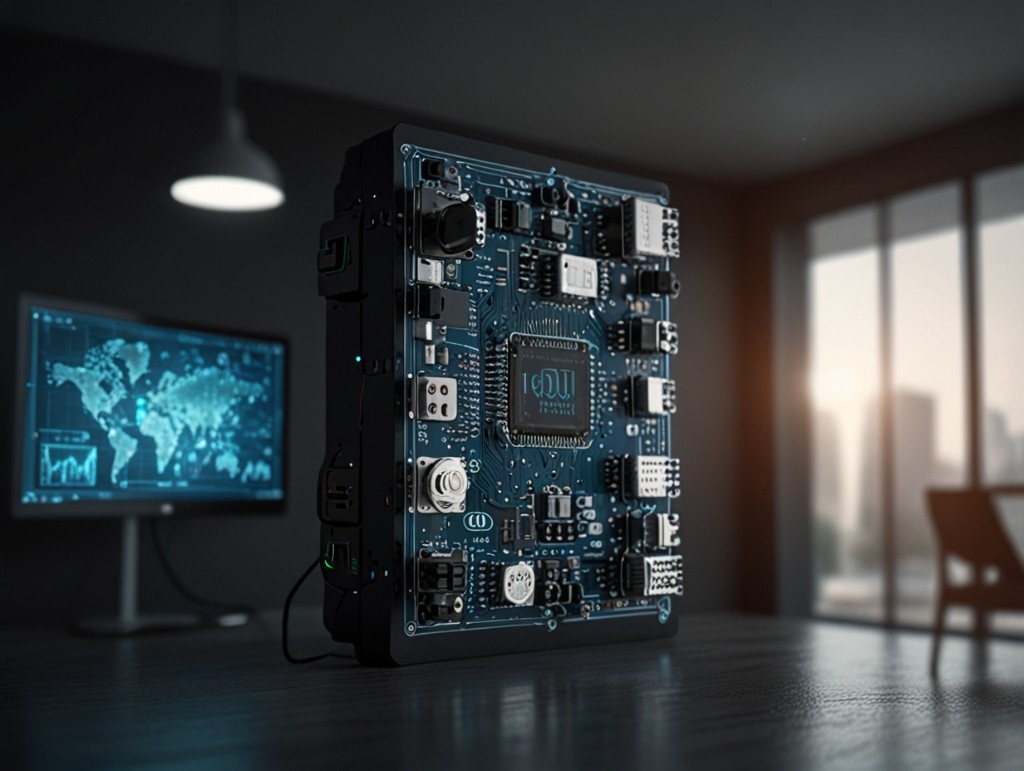 Placa eletrônica em pé sobre uma mesa, com monitor de monitoramento ao fundo.