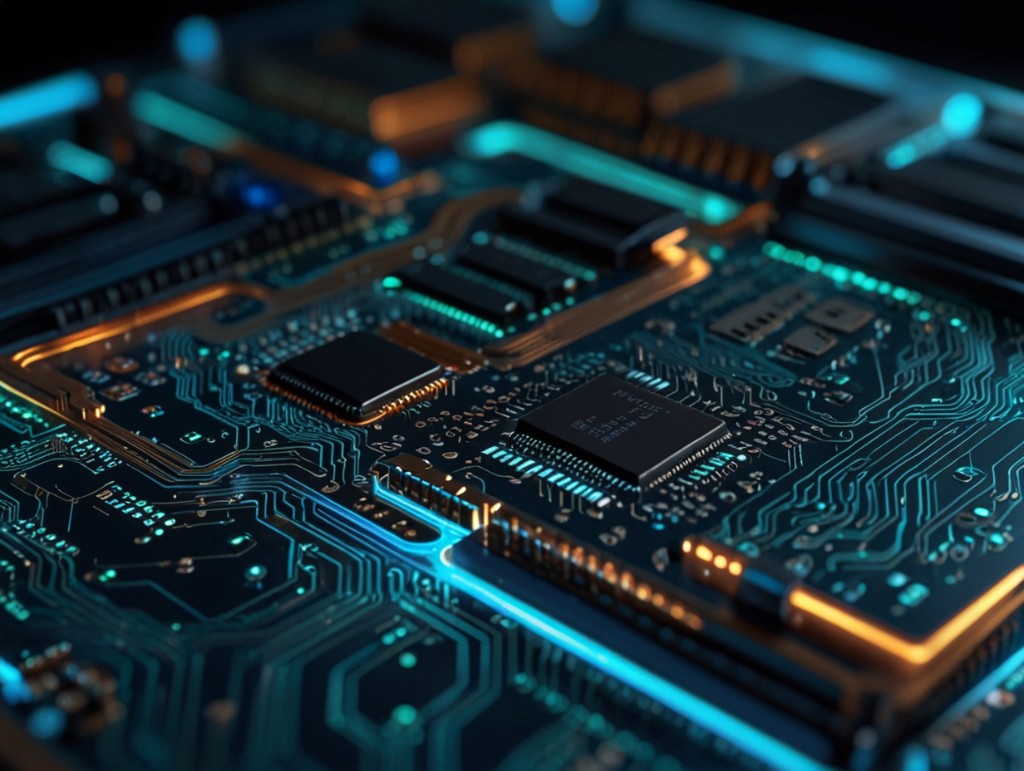 Close de circuito eletrônico com trilhas douradas e azul-turquesa.