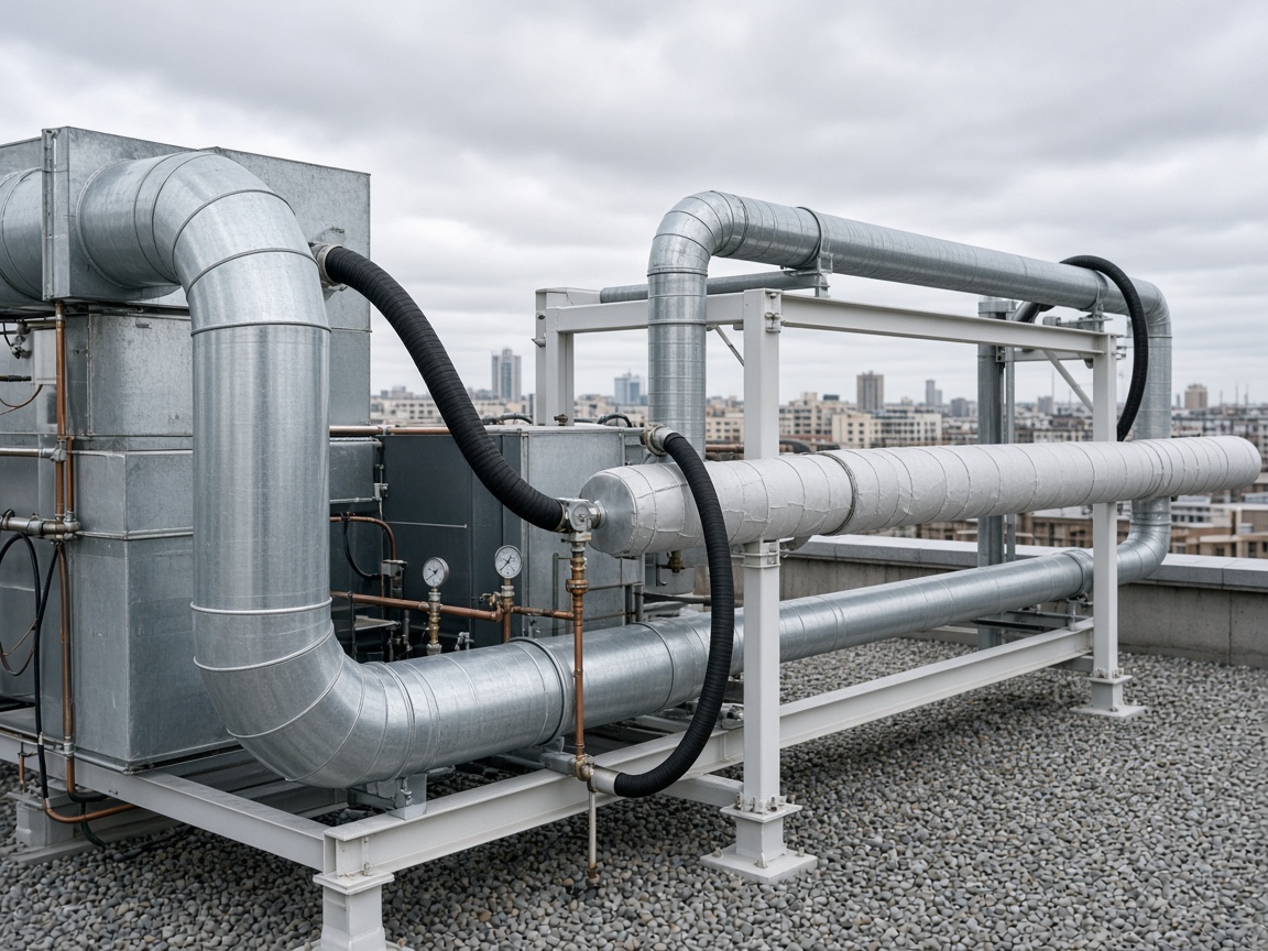 Tubulações e equipamentos industriais instalados sobre estrutura metálica.